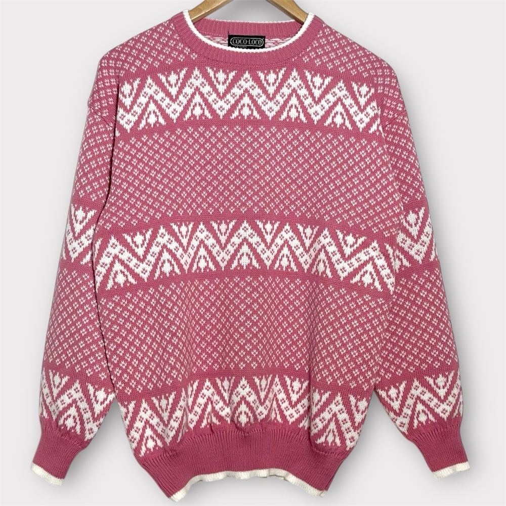 Vintage Pink Nordic Pattern Sweater Cozy Cottagecore Knit Pullover Large - Picture 3 of 12